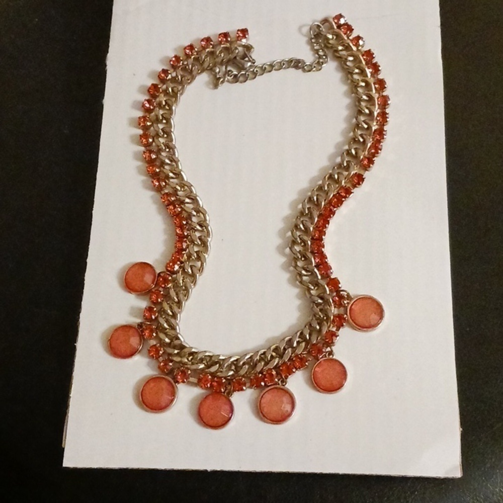 Stunning Gold Toned Statement Necklace w/ Orange Rhinestones & Charms MUST SEE